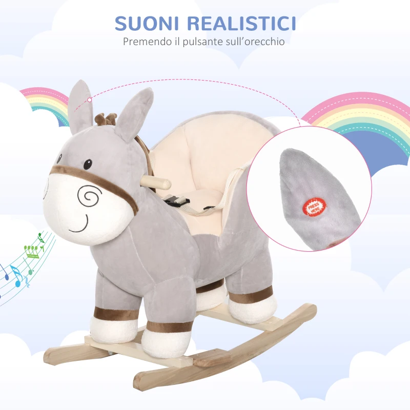 HOMCOM Cavallo a Dondolo per Bambini 18-36 Mesi, Cavalluccio a Dondolo a Forma di Asino con Suoni Realistici in Legno di Pioppo e Peluche, Grigio