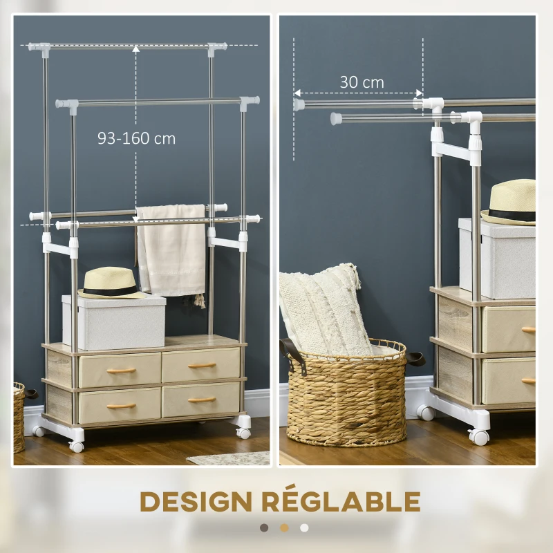 HOMCOM Double portant à vêtements réglables hauteur et largeur 4 tiroirs en tissu amovibles 1 étagère 4 roulettes beige argenté