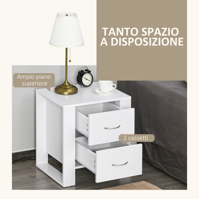 HOMCOM Comodino Moderno in Legno con 2 Cassetti per Camera da Letto, 48x39x54cm, Bianco