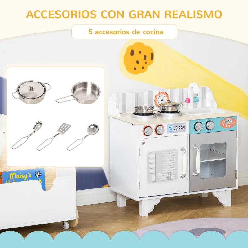 HOMCOM Cocina de Juguete de Madera para Niños de +3 Años Cocinita Infantil con 5 Accesorios Armarios de Almacenaje Estufa Grifo y Fregadero Extraíble 57x28x55 cm Blanco