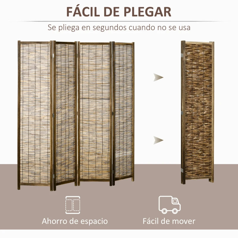 HOMCOM Biombo de 4 Paneles Plegable 160x1,8x170 cm Separador de Ambientes de Madera y Carrizo Natural
