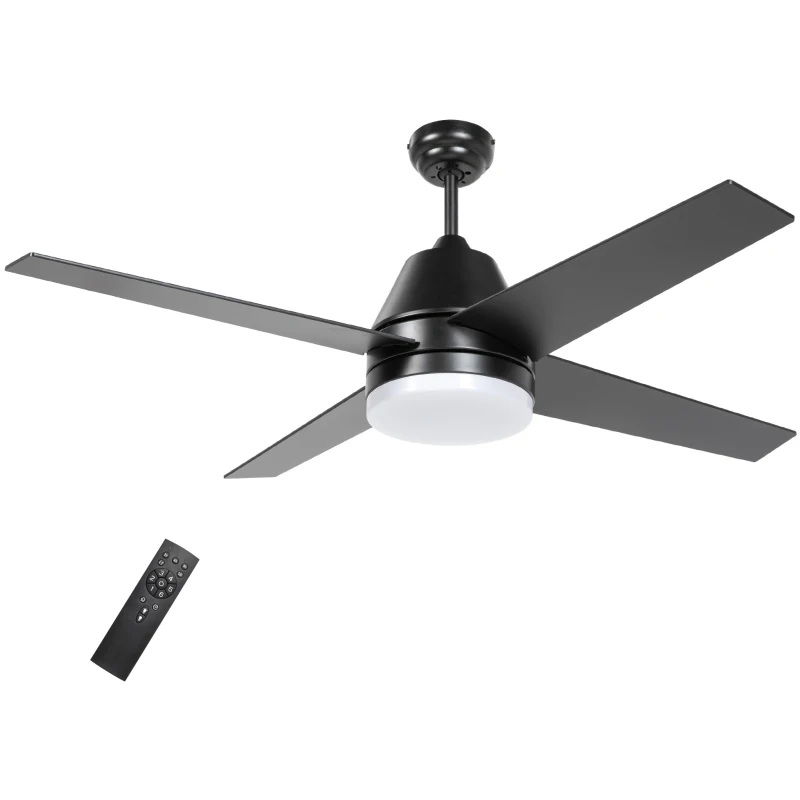 HOMCOM Ventilador de Techo con Luz 46W Ø129 cm Motor DC con 4 Aspas Reversibles Mando a Distancia y Temporizador Negro
