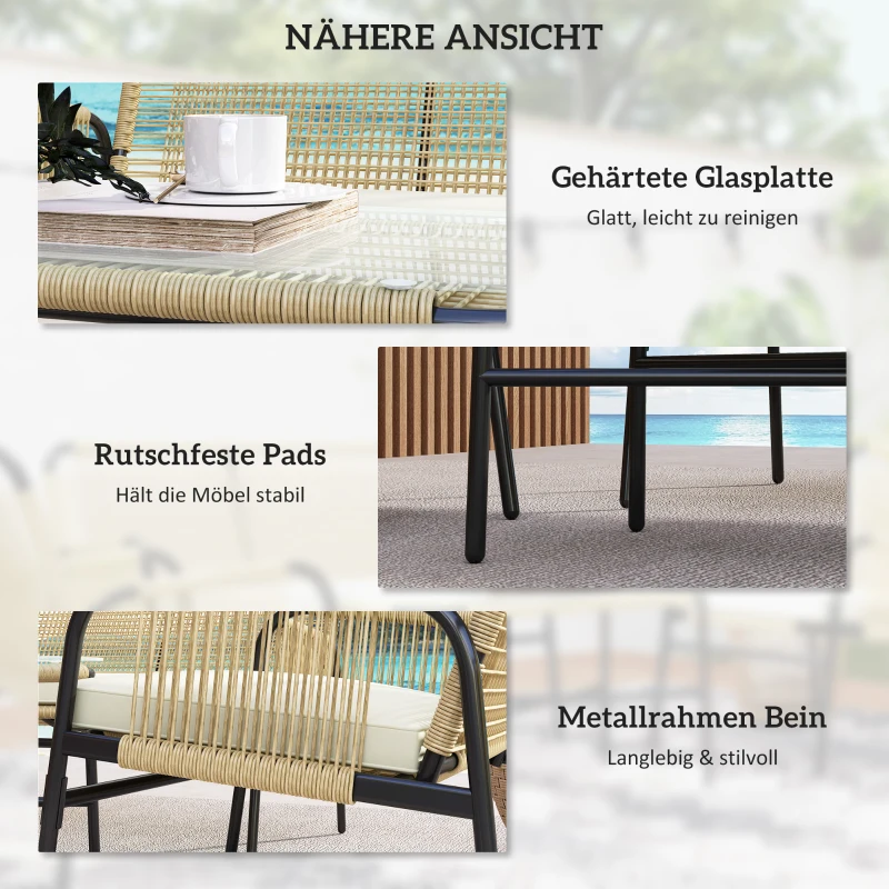 Outsunny 4-teilige Gartensitzgruppe Gartenmöbel-Set Lounge-Möbel, 110 cm x 65 cm x 74 cm, Natur + Cremeweiß