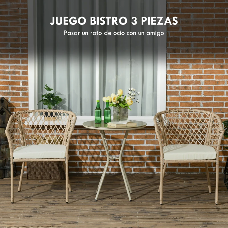 Outsunny Conjunto de Jardín de 3 Piezas de Ratán Sintético Set de 2 Sillas y 1 Mesa con Encimera de Cristal Caqui y Natural