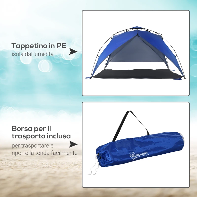 Outsunny Tenda da Spiaggia Pop Up per 4-6 Persone con Protezione UV, Borsa di Trasporto, 247x247x145cm, Blu