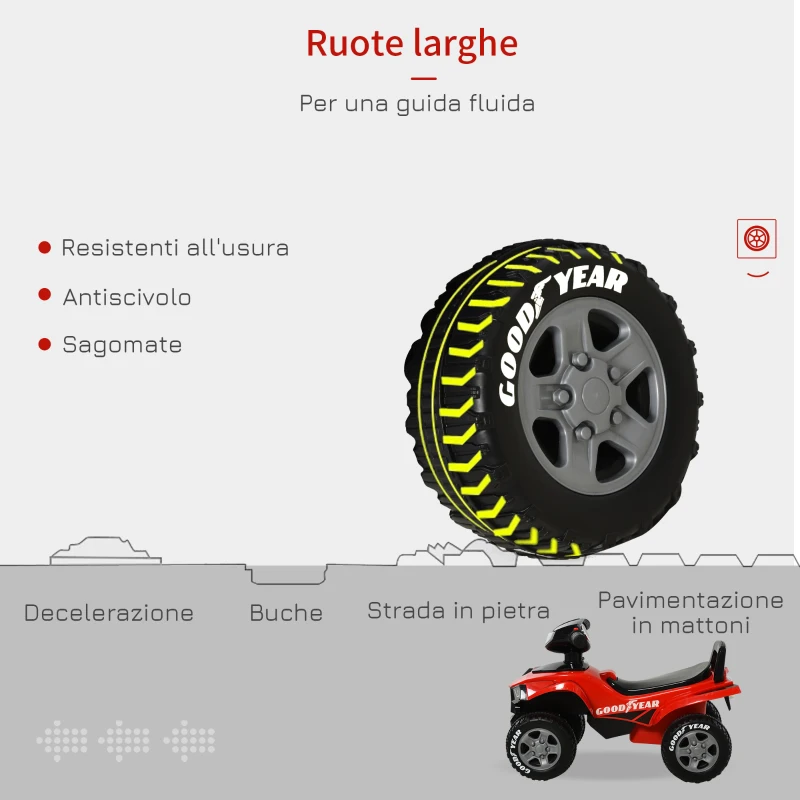 HOMCOM Quad Giocattolo per Bambini 18-36 Mesi con Licenza GOODYEAR con Luci e Suoni Realistici, Rosso e Nero, 60x31x42cm
