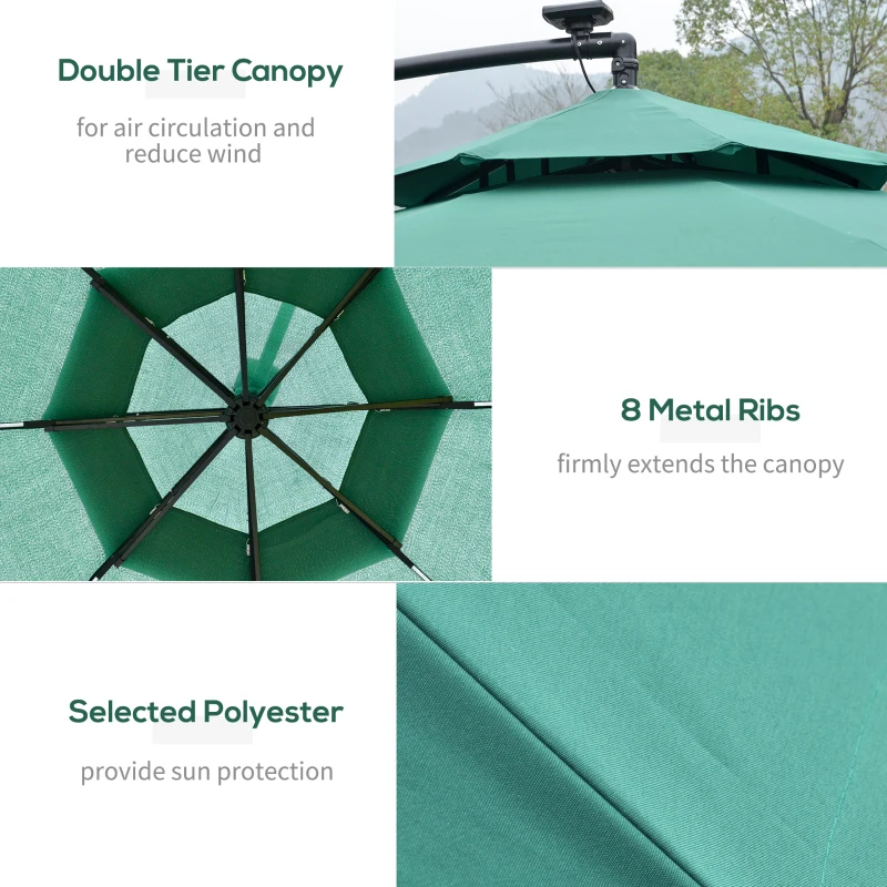 Outsunny 3m LED Light Overhanging Parasol - Green