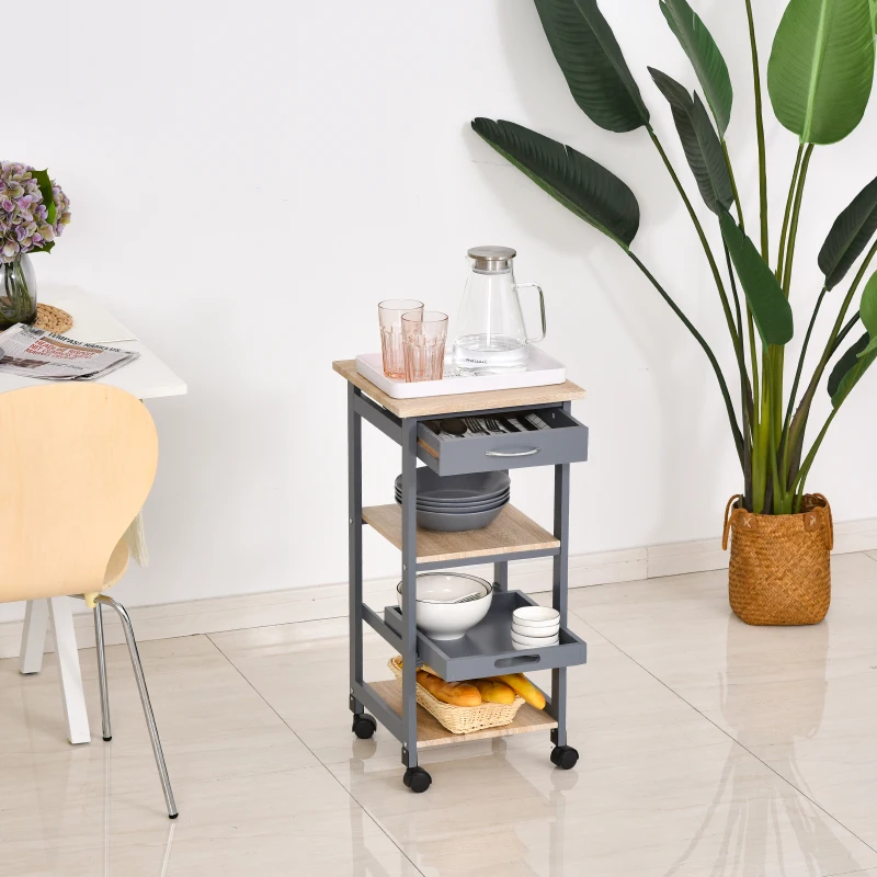 HOMCOM Carrello da Cucina Portavivande con Cassetto, 2 Ripiani e Vassoio Estraibile, 37x37x76cm, Grigio