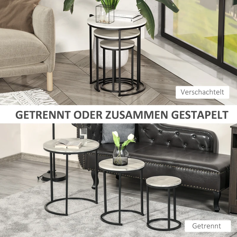 HOMCOM Beistelltische 3er Set Satztisch stapelbar Couchtisch Sofatisch Kaffeetisch 3 Größen Industrial Design Metall Schwarz+Grau