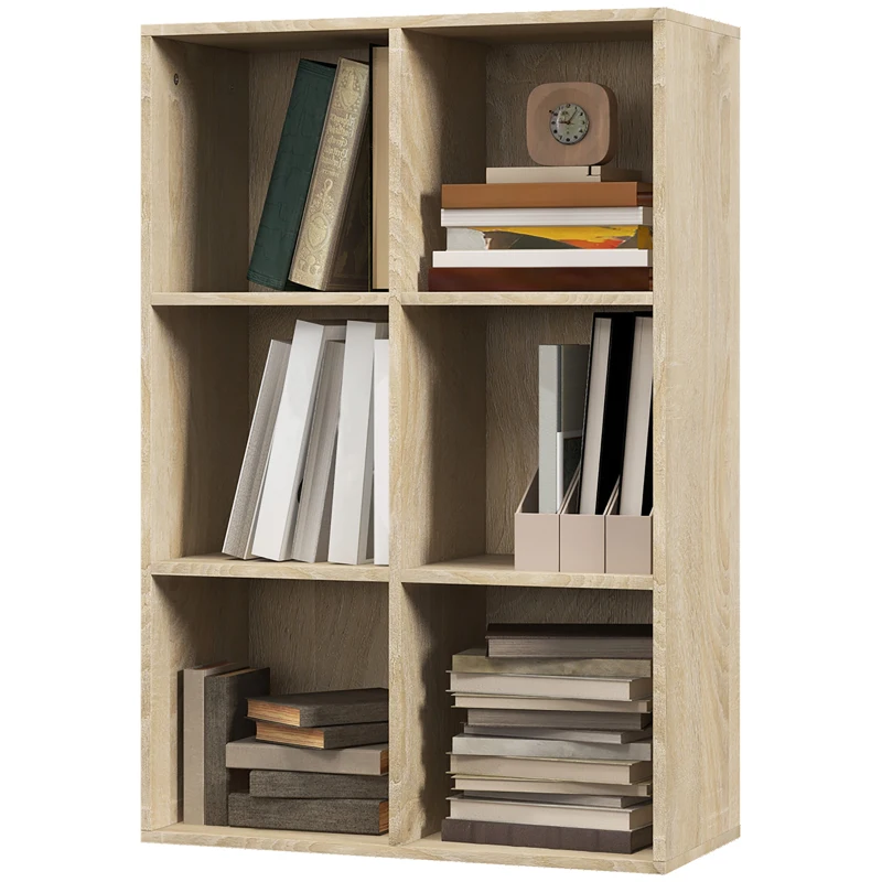 HOMCOM Estantería para Libros Estantes de Madera de 3 Niveles con 6 Cubos de Almacenaje para Sala de Estar Dormitorio Oficina 65,5x30x97,5 cm Roble