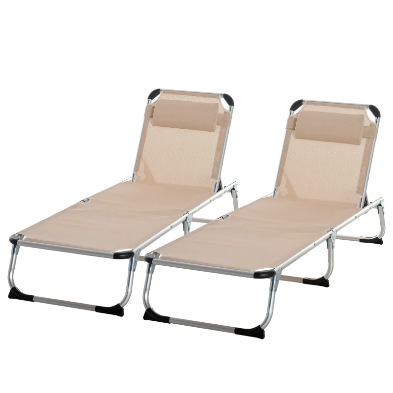 Outsunny Foldable Outdoor Sun Loungers Set of 2, Reclining Lounge Chair Camping Bed Cot with Pillow 4-Level Adjustable Back Aluminium Frame, Khaki