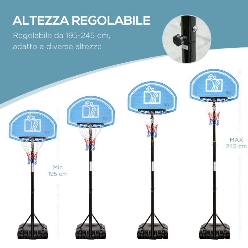 HOMCOM Canestro Basket con Altezza Regolabile 197.5-245cm, Base con Ruote e Tabellone, Blu