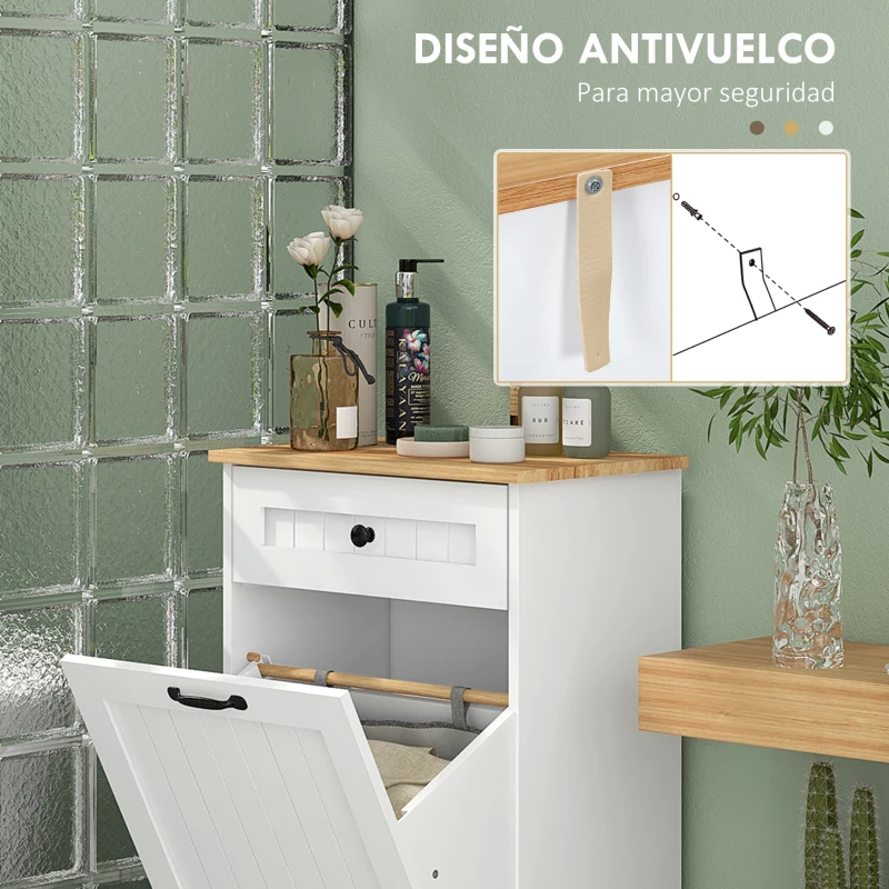 HOMCOM Armario de Baño con Cajón Cesto para la Ropa y Diseño Anti-vuelco Mueble de Baño Moderno 52x33x90 cm Blanco