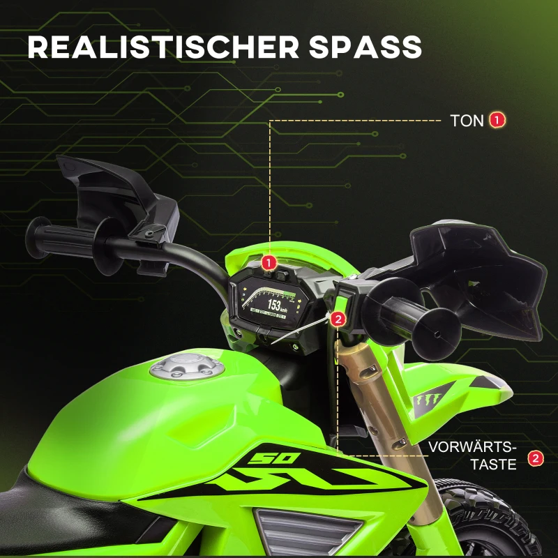 AIYAPLAY Elektro-Motorrad für Kinder, 6V Batterie-Antrieb, Stützräder, Hupe, Startgeräusch, 3-8 Jahre, Grün(m-6)