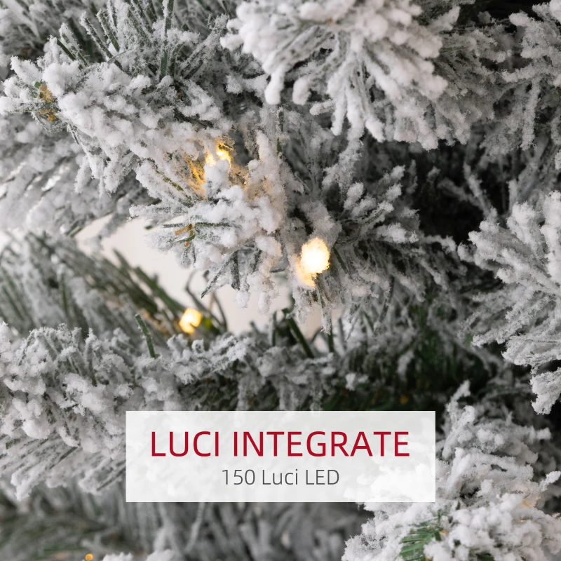 HOMCOM Albero di Natale Innevato con 329 Rami e Luci LED Bianche, in Plastica e Metallo, Ø52x180 cm, Verde