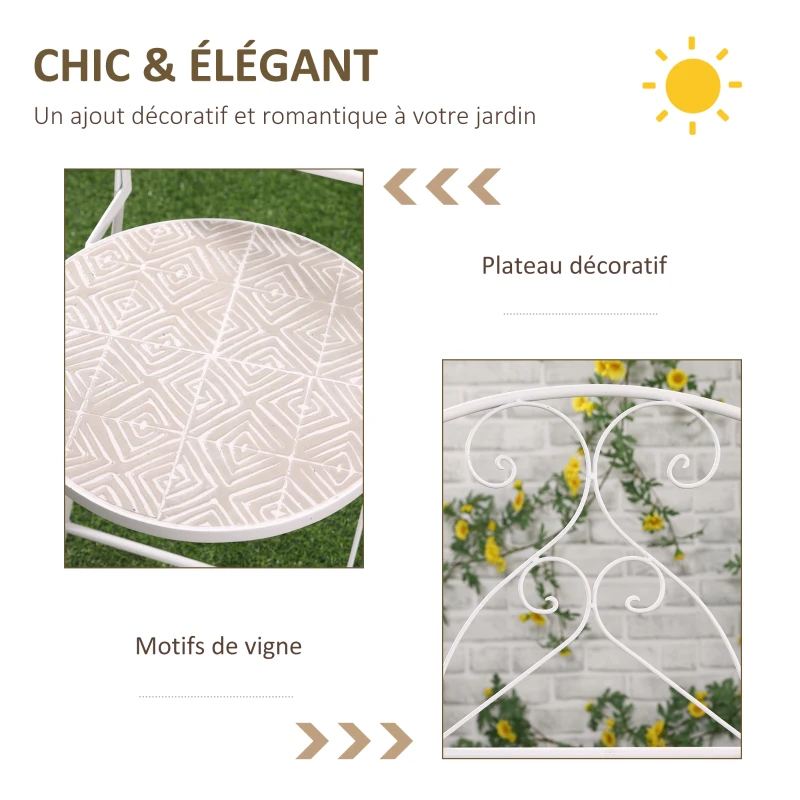 Outsunny Ensemble de jardin bistro 3 pièces 2 chaises pliantes et table ronde en métal époxy et plateau mosaïque - blanc
