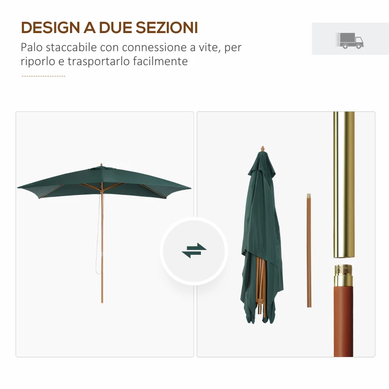 Outsunny Ombrellone 2x3 m da Giardino in Legno Laccato e Bambù con Copertura Rimovibile, Verde Scuro