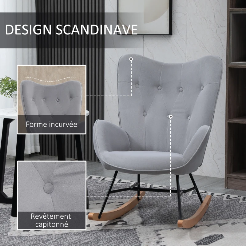 HOMCOM Fauteuil à Bascule, Rocking Chair, fauteuil allaitement confortable avec Structure en bois massif et métal pour Salon, Chambre, Balcon, Velours Gris clair