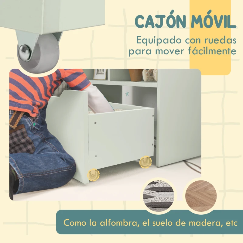 HOMCOM Estantería Infantil de Madera con 3 Compartimentos 2 Cubos y Cajón Móvil con 4 Ruedas 60x29,9x90 cm Verde