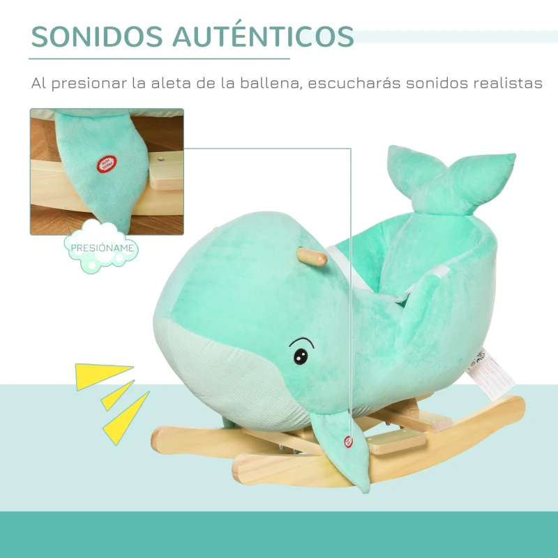 HOMCOM Caballito Balancín Forma Ballena para Niños de 18-36 Meses Mecedora de Felpa con Sonidos Cinturón de Seguridad y Reposapiés 60x33x50 cm Turquesa