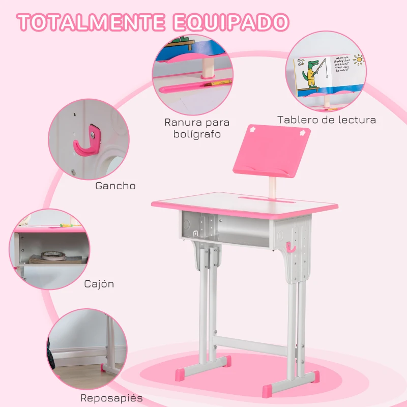 HOMCOM Juego de Escritorio y Silla Infantil de +6 Años Altura Ajustable con 1 Cajón y Estante para Libros 60x45x90-102 cm Rosa