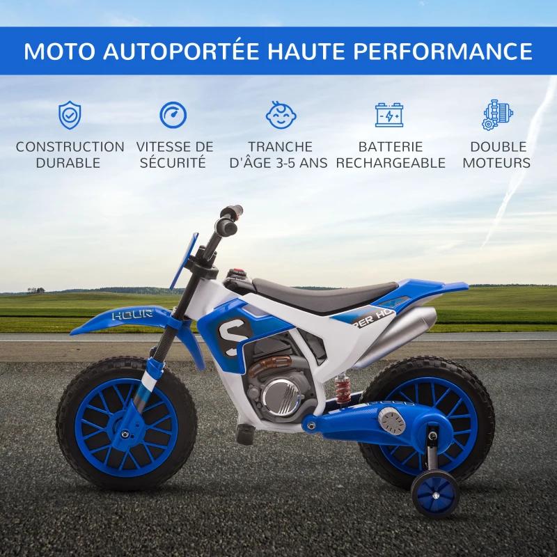HOMCOM Moto Cross électrique Enfant 3 à 5 Ans 12 V 3-8 Km/h avec roulettes latérales Amovibles dim. 106,5L x 51,5l x 68H cm Bleu(m-6)