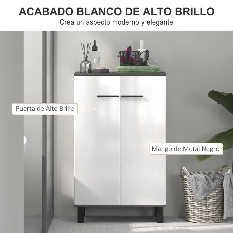 HOMCOM Armario de Baño Mueble Auxiliar de Baño con Puertas Estantes Ajustables y Sistema Anti-vuelco 60x34x94 cm Blanco Brillo