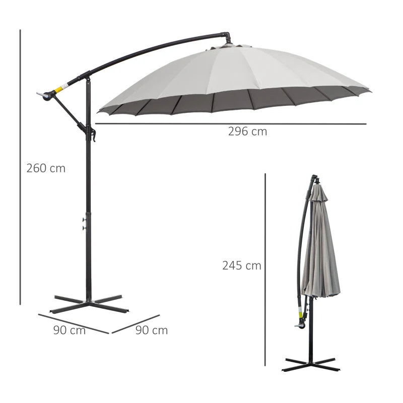 Outsunny 3(m) Cantilever Umbrella 18 Ribs & Vents Adjustable Angle for Patio Light Grey