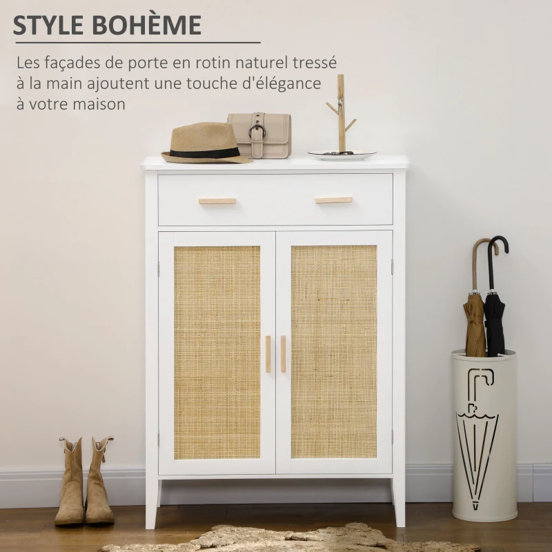 HOMCOM Meuble à chaussures rangement avec 2 portes effet cannage tiroir 80 x 35 x 110 cm blanc