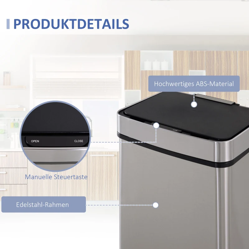 HOMCOM Mülleimer mit Sensor 47L + 2 x 12,5L Automatischer Abfalleimer mit Bewegungssensor, Wasserdichtes Mülltrennsystem aus Edelstahl für Küche Silber