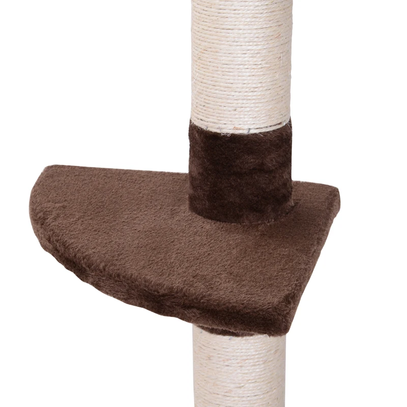 PawHut Floor to Ceiling Cat Tree Height Adjustable 230-260cm, 5-Tier Cat Tower with Scratching Post, Hammock, Perches, Climbing Activity Centre for Indoor Kittens, Brown