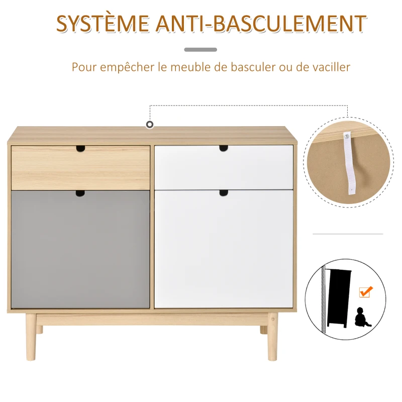 HOMCOM Buffet de Cuisine Commode de Chambre scandinave 2 placards tiroirs coulissants en Bois Multicolore Blanc Gris Clair