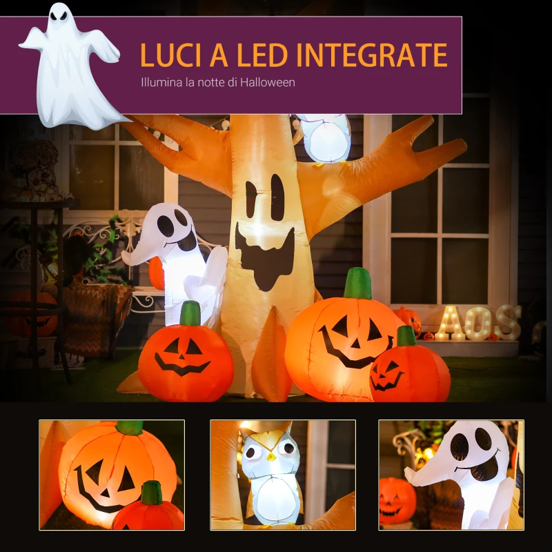 HOMCOM Albero Gonfiabile Halloween Natale con Zucche Fantasma Gufo Luci LED per Casa e Giardino Altezza 240cm