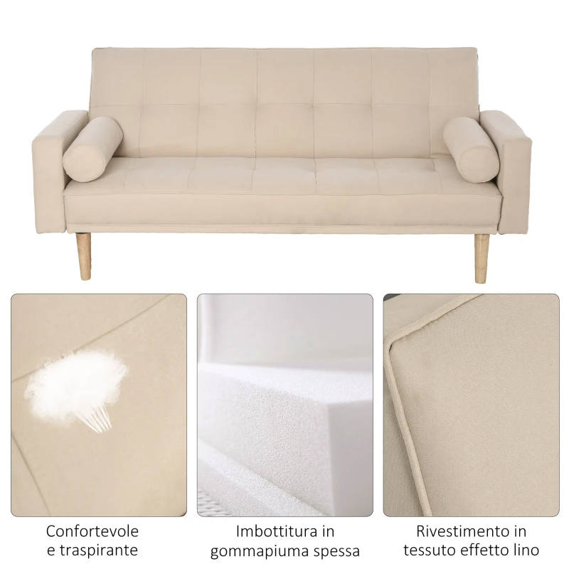 HOMCOM Divano Letto 3 Posti con Schienale Regolabile su 3 Livelli, 2 Cuscini e Braccioli Rimovibili, Beige, 185x84x85cm
