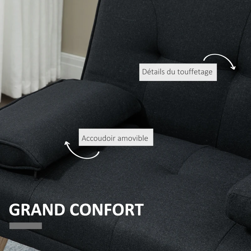 HOMCOM Canapé convertible 3 places, canapé-lit rembourré avec dossier réglable 3 niveaux, 2 coussins et 2 porte-gobelets intégrés, tissu de lin, pour salon, chambre d'amis, petit espace, gris