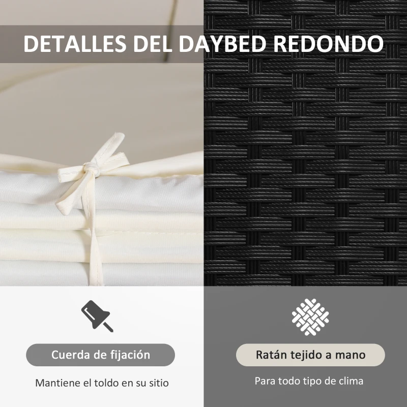 Outsunny Isla de Ratán Modular para Exterior 5 Piezas Tumbona Redonda con Toldo Plegable Cojines Extraíbles Lavables y 3 Almohadas Marco de Metal 175x180x147 cm Negro y Beige