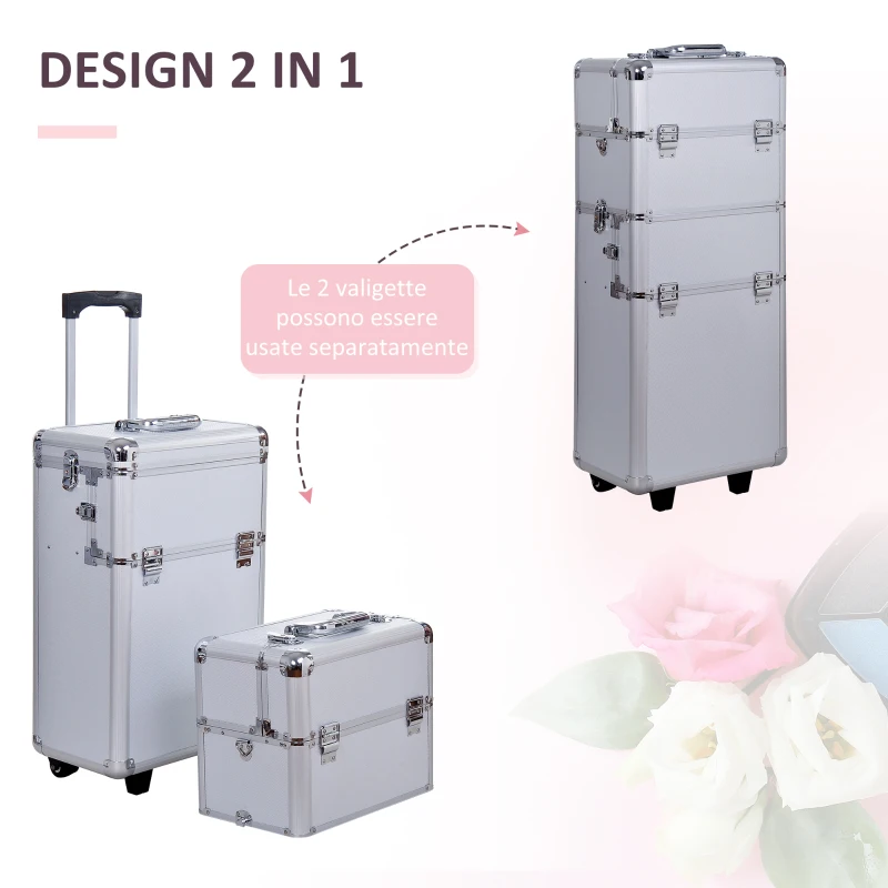 HOMCOM Valigetta Beauty Case 2 in 1 con Maniglia Regolabile su 3 Livelli e Ruote, Trucco Professionale Trolley per Make Up in Alluminio, 35.5x23x105 cm, Argento
