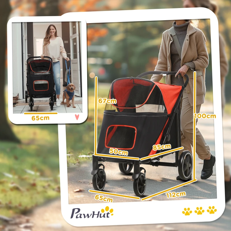 PawHut Foldable Pet Stroller, with Universal Wheels, Shock Absorber, for Medium and Large Dogs - Red(m-3)