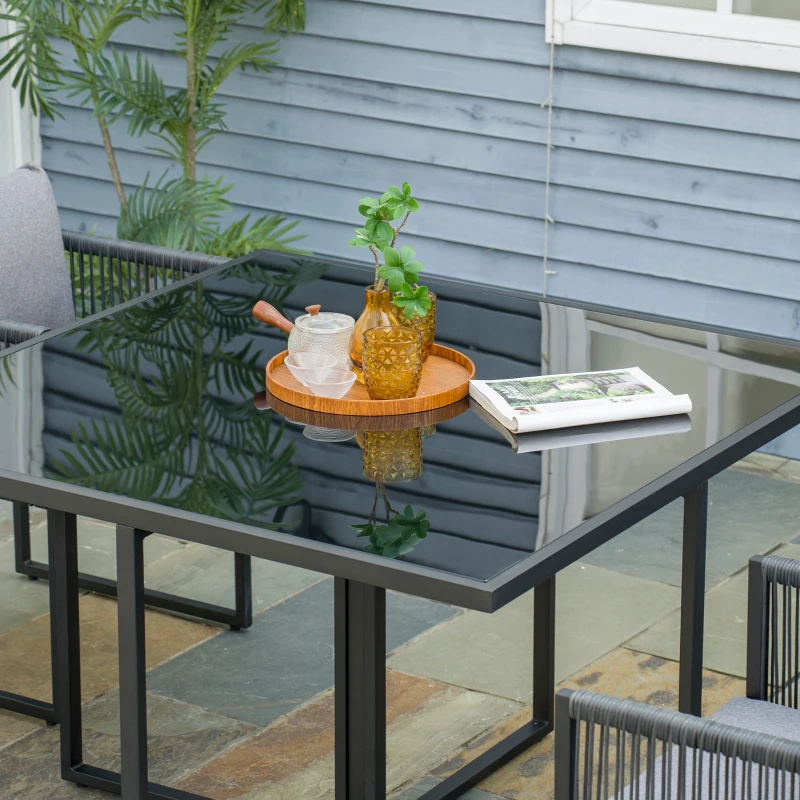 Outsunny Set da Giardino 5 Pezzi in Rattan, 4 Sedie da Giardino e Tavolo da Pranzo con Piano in Vetro