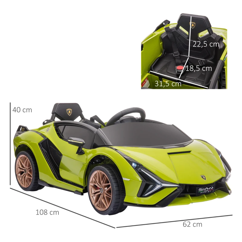 HOMCOM Voiture électrique Enfants de Sport Supercar sous Licence Lamborghini Sian 12 V - V. Max. 5 Km/h avec Télécommande 2,4G Effets sonores + Lumineux Vert(m-3)