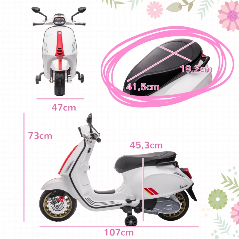AIYAPLAY Scooter électrique enfant Vespa 6 V dim. 107L x 47l x 73H cm Musique MP3 Port USB Phare 2 roues d'entraînement - Blanc