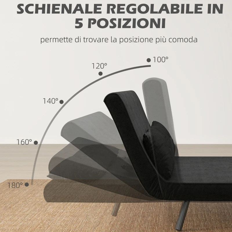 HOMCOM Divano Letto 3 in 1 in Tessuto Effetto Velluto con Schienale Regolabile e 2 Cuscini, 102x73x81 cm, Nero
