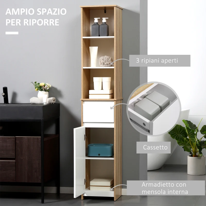 kleankin Scaffale Bagno Salvaspazio in Legno, Mobiletto a Colonna con Ripiani, Armadietto e Cassetto, Bianco, 32.6x30x171.2cm