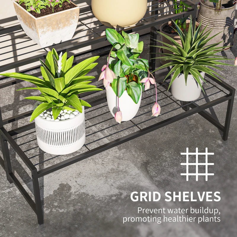Outsunny Three-Tier Metal Plant Shelf - Black