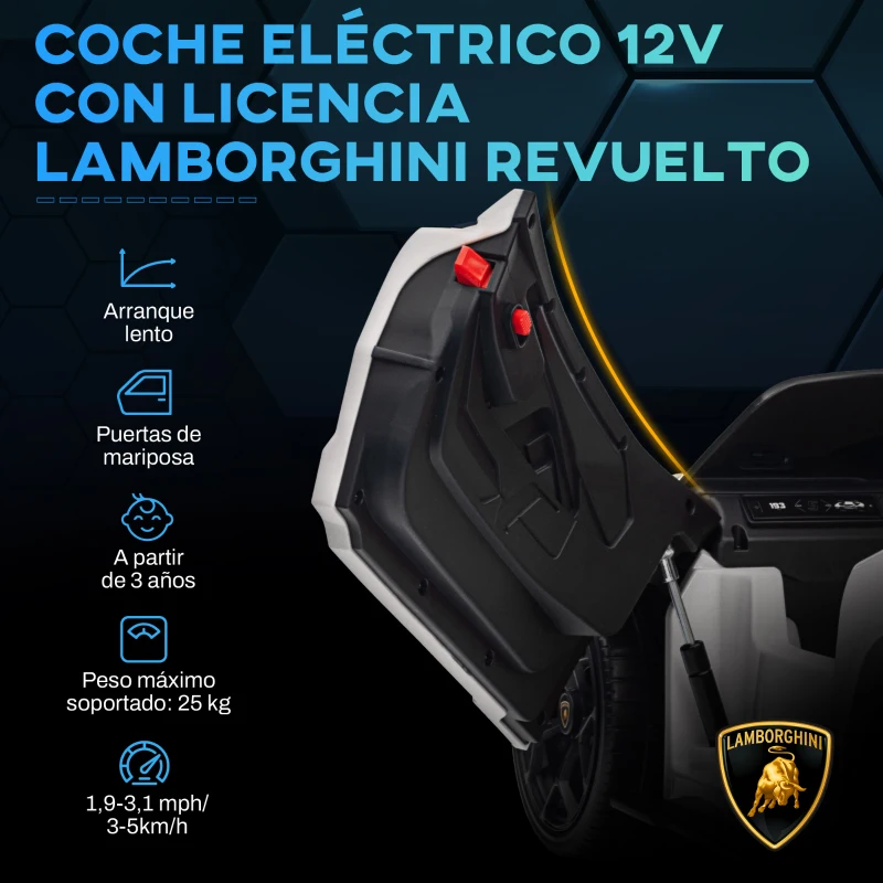 AIYAPLAY Coche Eléctrico para Niños de +3 Años Lamborghini Revuelto con Mando a Distancia Faros LED Bocina Música Blanco