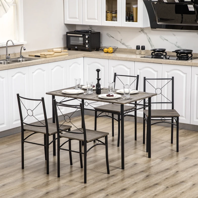 HOMCOM Tavolo da Pranzo con 4 Sedie, Set 5 Pezzi in MDF e Metallo per Sala da Pranzo, Cucina, Soggiorno e Bar