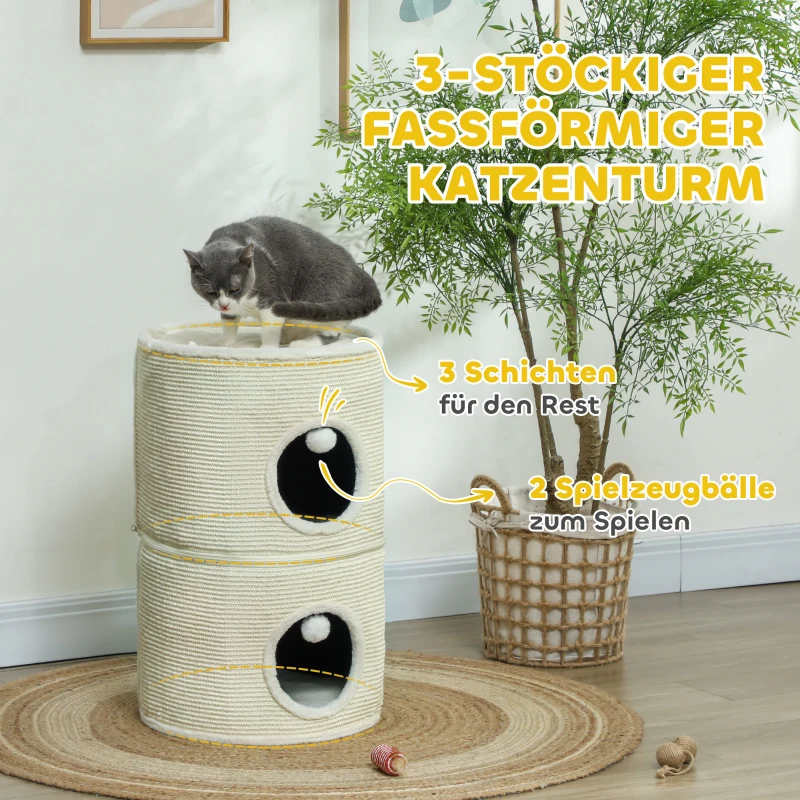 PawHut Kratztonne, 3 Ebenen, mit Kissen, Kratzmatte, Spielbällen, Katzenhaus für Innenbereich, Cremeweiß