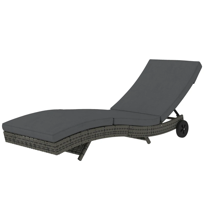 Outsunny Patio Wicker Chaise Lounge Chair, Outdoor PE Rattan Sun Lounger with Adjustable Backrest and 2 Wheels, Dark Grey