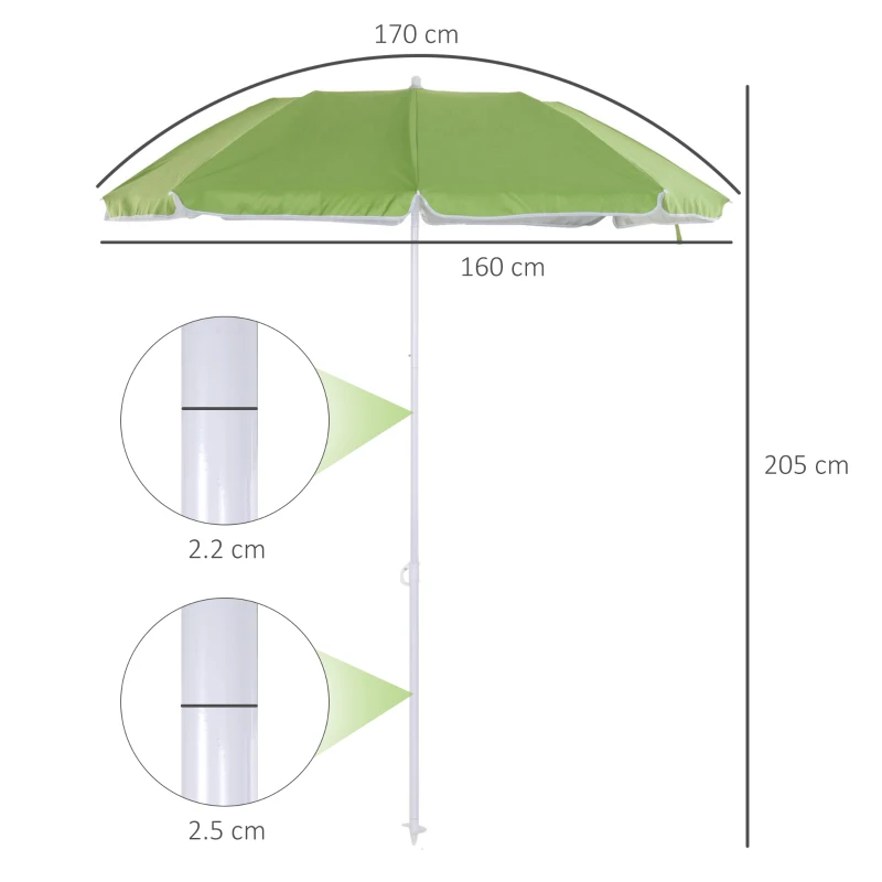 Outsunny 1.7m Beach Umbrella, Portable Parasol with Tilting Function, Carry Bag, Outdoor Sunshade Shelter with 8 Ribs, Green