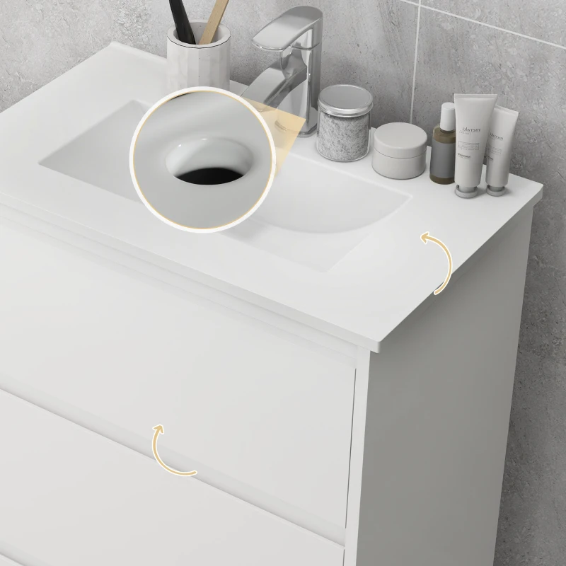 kleankin Mueble de Baño con Lavabo Armario de Baño Lavabo de Baño de Cerámica Sintética con 2 Cajones 61x37x88cm Blanco Brillante(m-6)